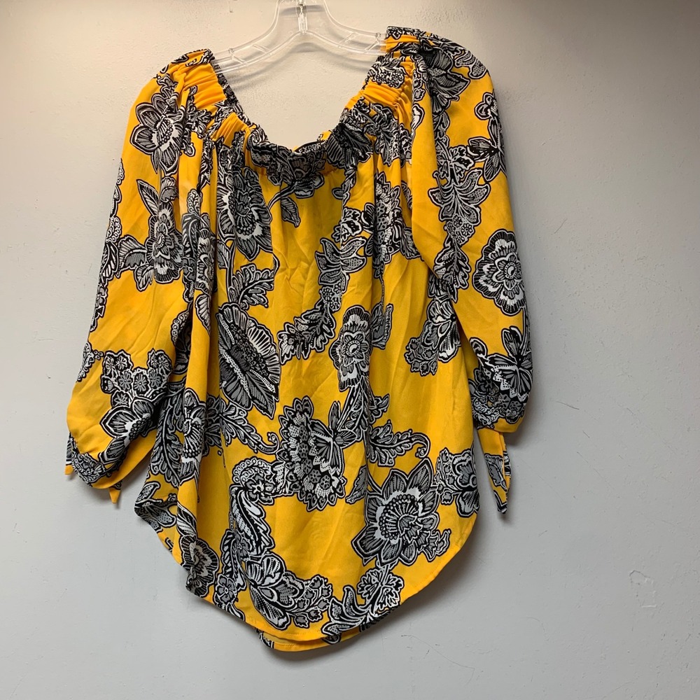 Express Floral Blouse Women Medium Yellow Excellent Off Shoulder Tie Sleeve